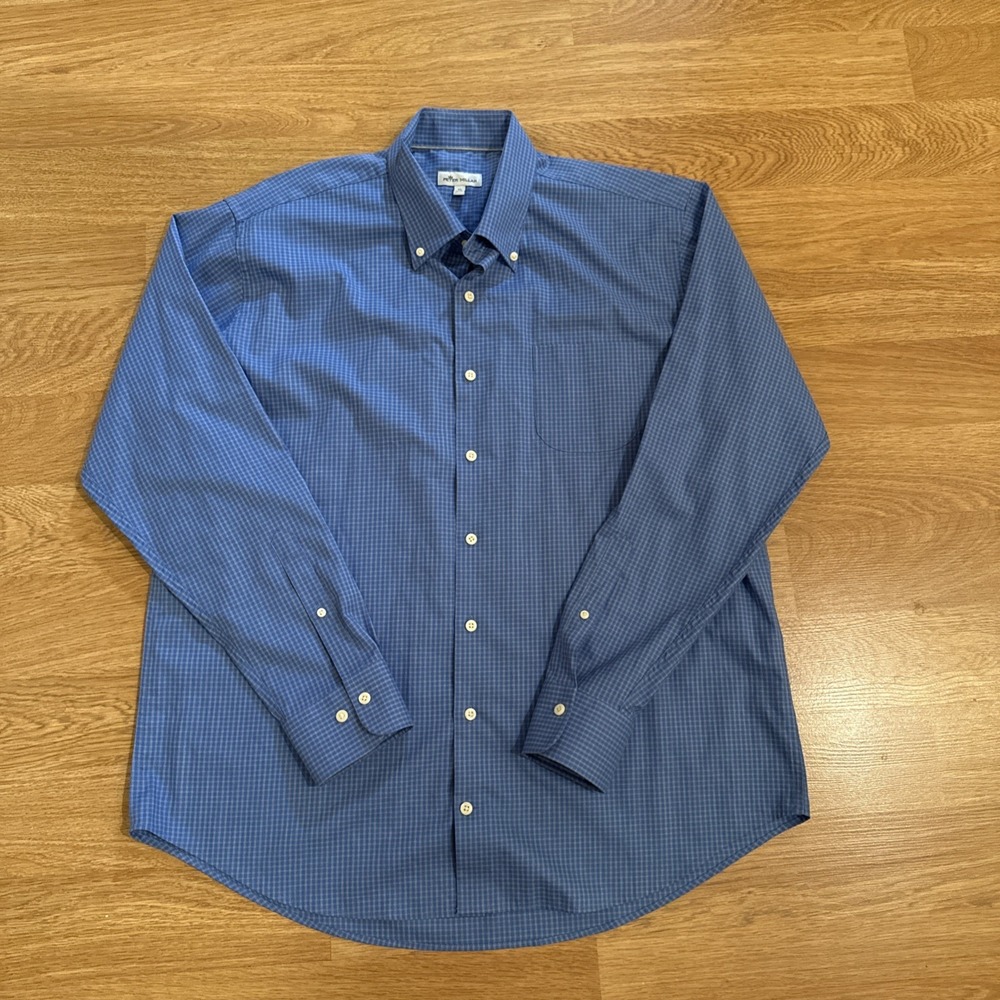 Peter Millar Shirt Mens XL Blue Gingham Plaid Cotton/Spandex Blend Casual Preppy